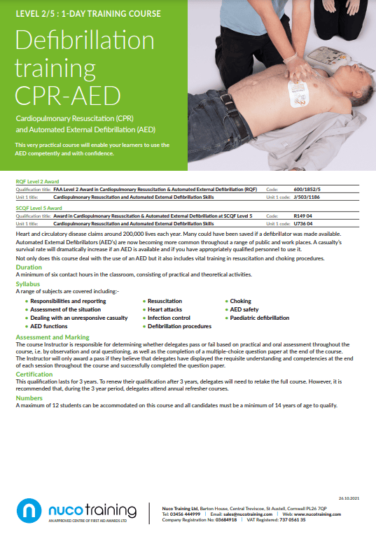 Defibrillation Course FAA Level 2 Award in Cardiopulmonary resuscitation & Automated External ...